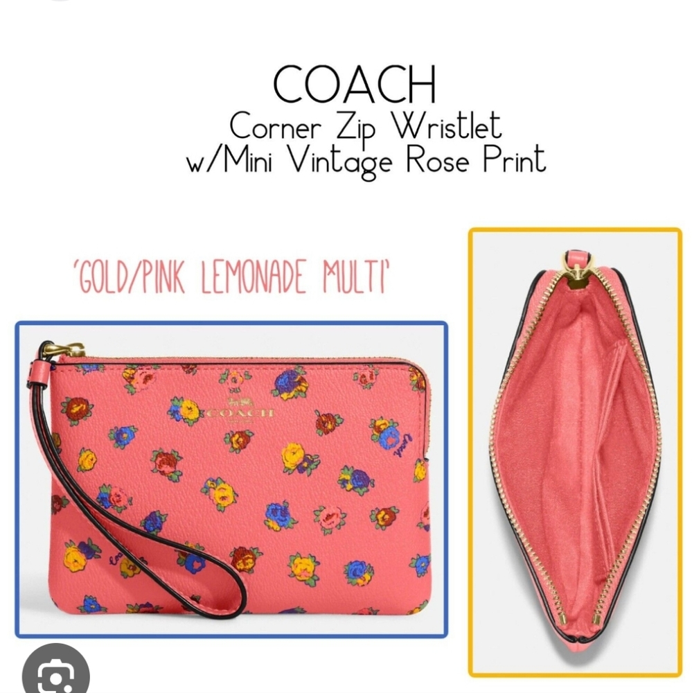 😺COACH Wristlet Corner Zip with Mini Vintage Rose Print in Gold/Pink Lemonade